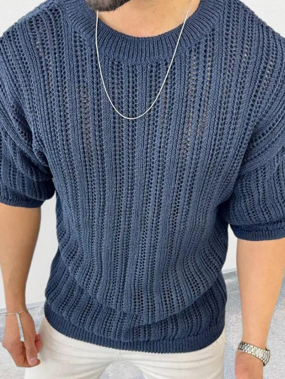 Men's Openwork Round Neck Knit T-Shirt, image 5