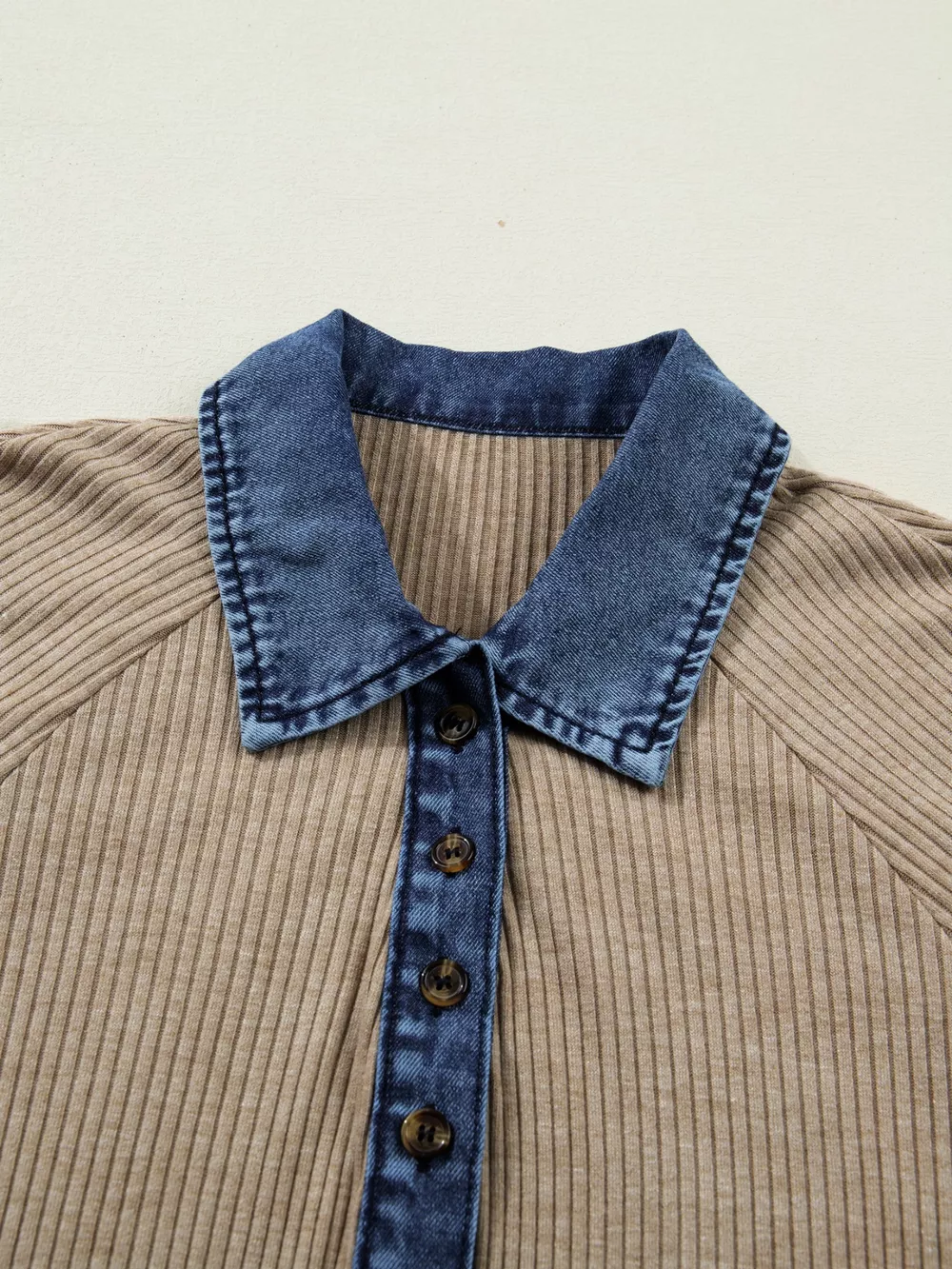 Ribbed Knit Denim Trim Button Detail Top, image 7