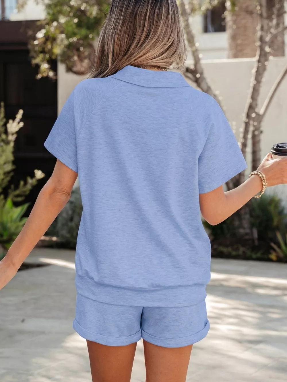 Collared V Neck Tee Drawstring Elastic Waist Shorts 2pcs Outfit, image 3