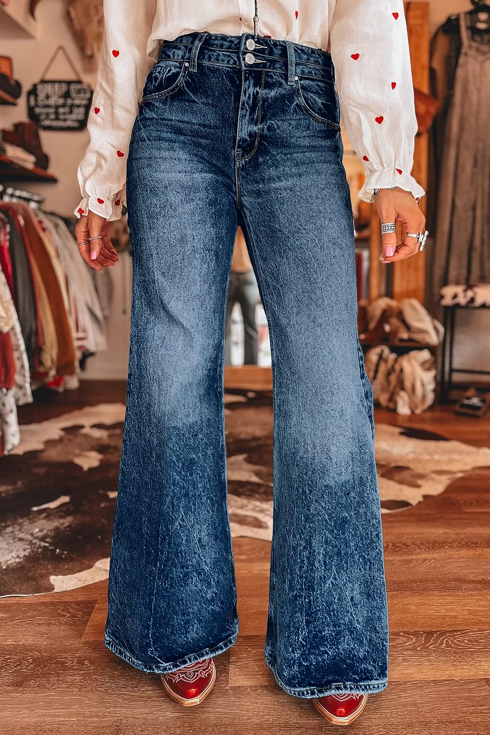 Acid Wash Pocket Detail Flare Jeans, image 3