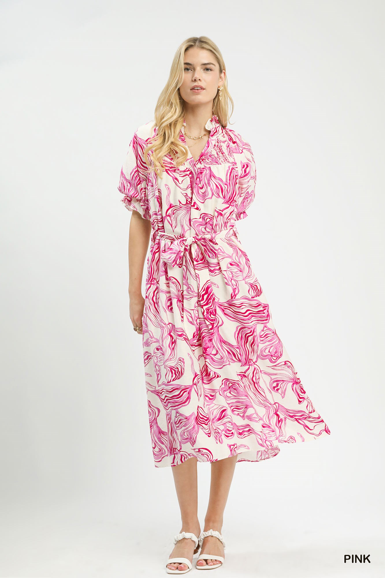 Abstract Print Smocked Tie Waist Midi Dress, image 5