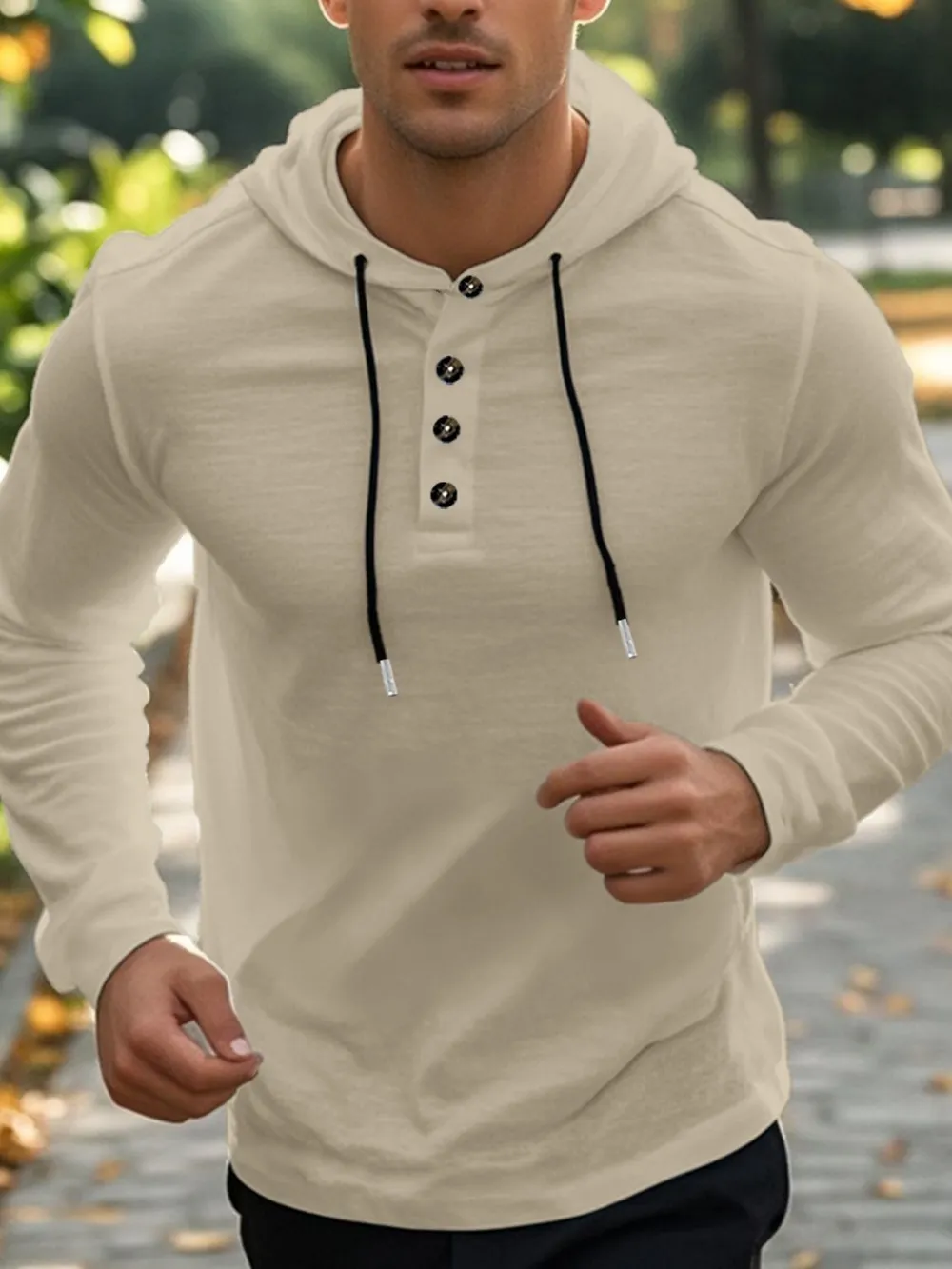 Men's Full Size Drawstring Button Detail Long Sleeve Hoodie Plus Size, image 7
