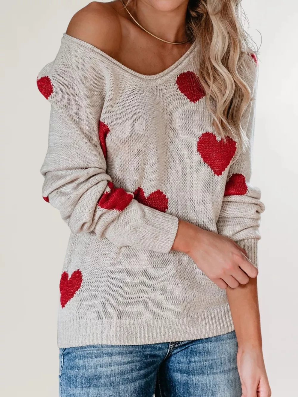 Heart Pattern V-Neck Sweater, image 3