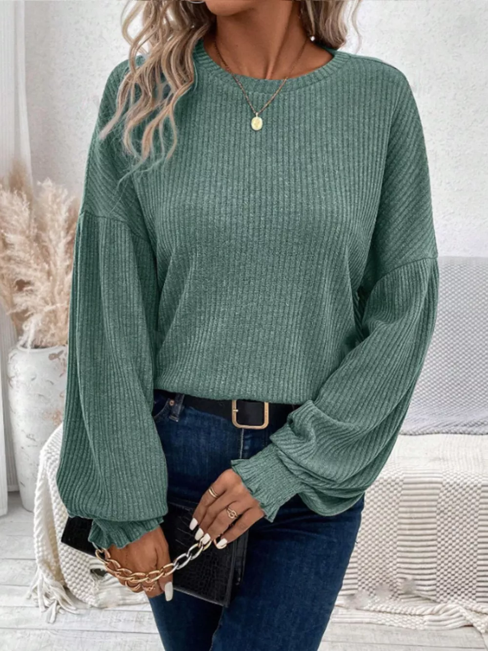 Ribbed Knit Long Sleeve T-Shirt, image 3