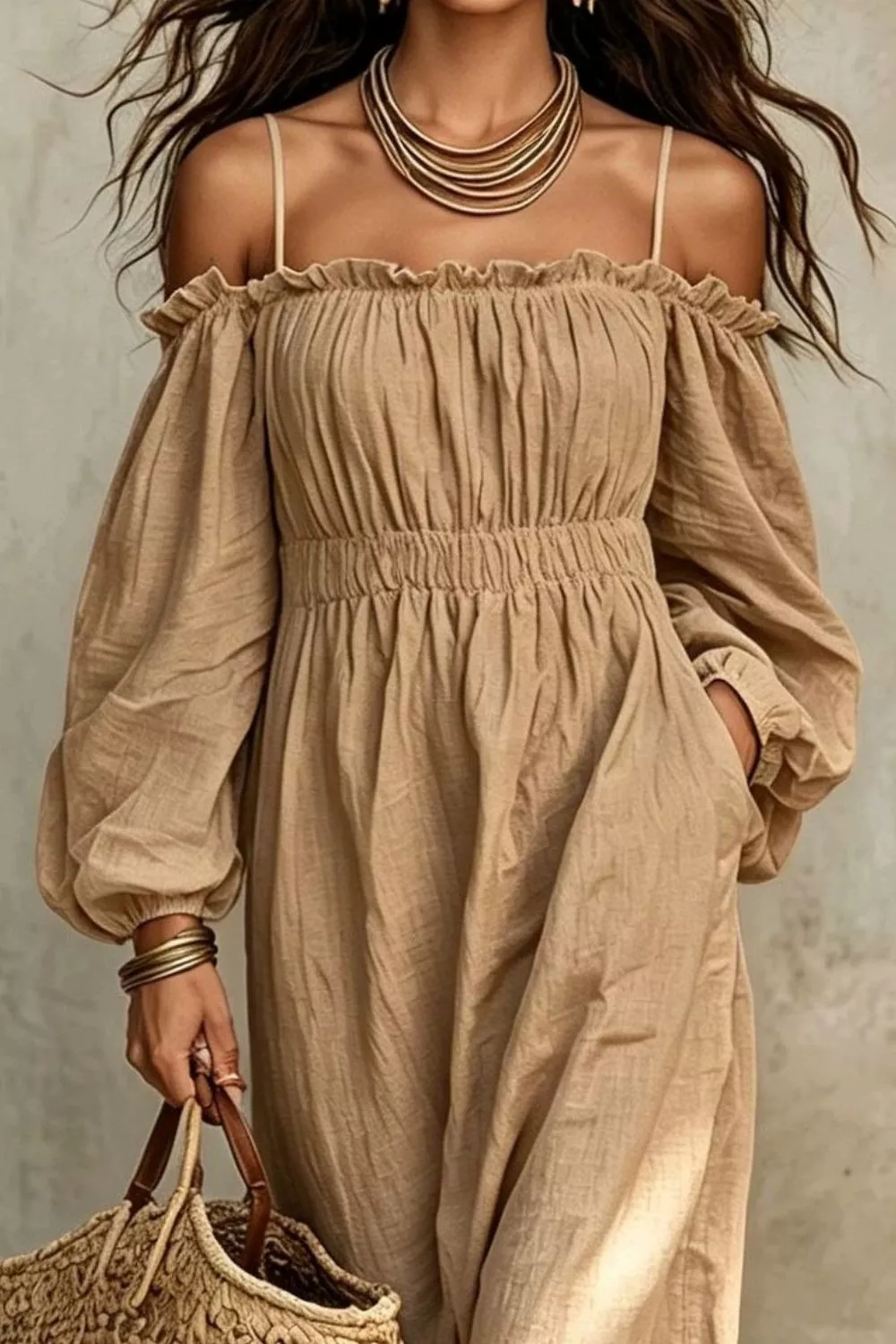 Spaghetti Strap Balloon Sleeve Dress, image 6