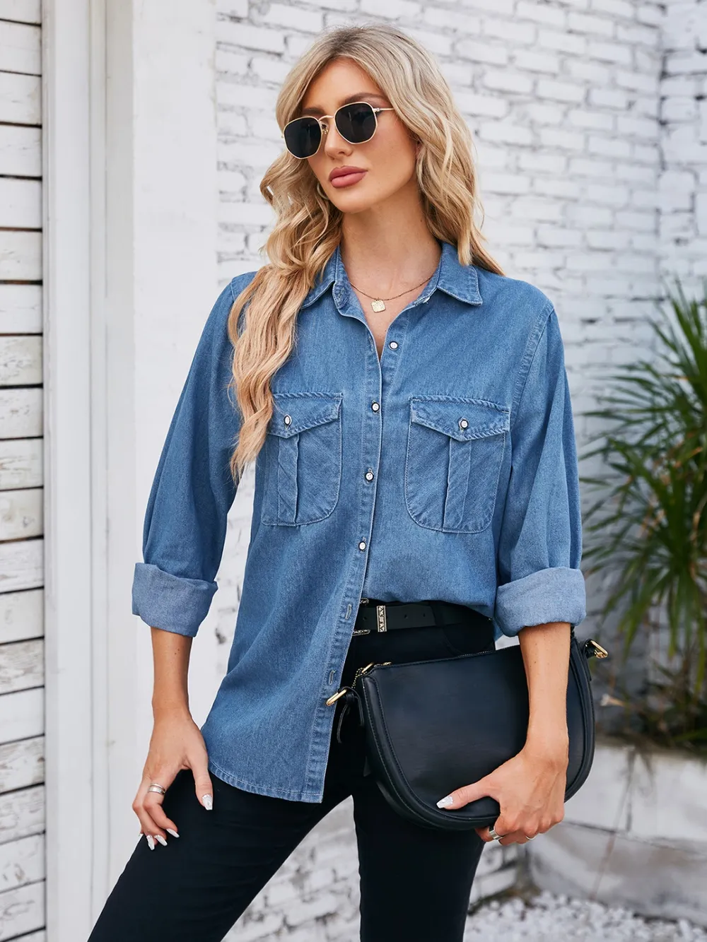 Button Up Collared Neck Denim Jacket, image 3