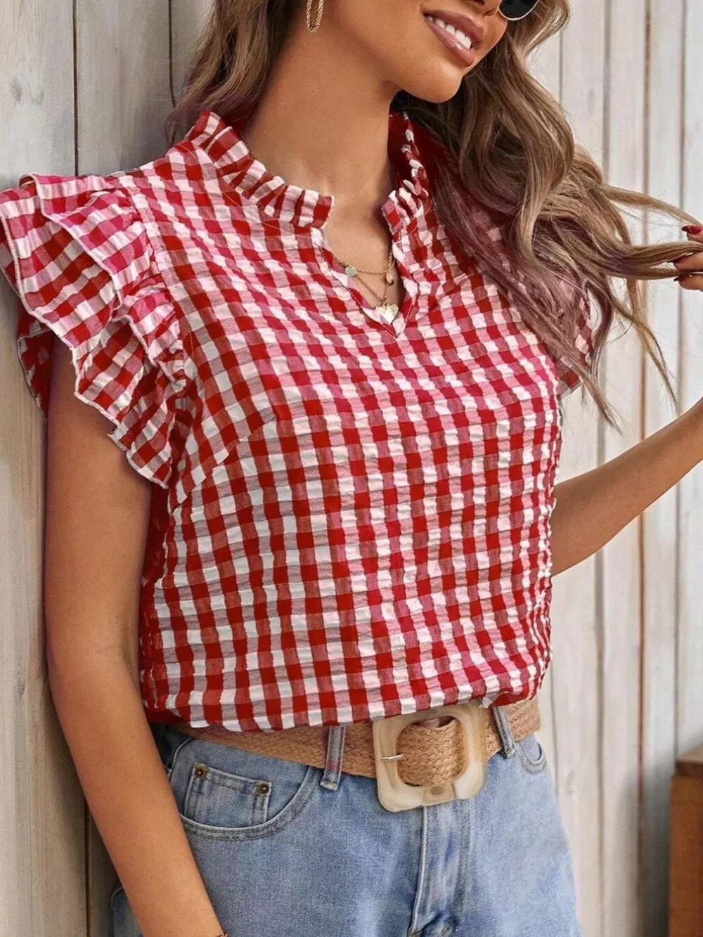 Gingham Ruffle Sleeve Blouse, image 4