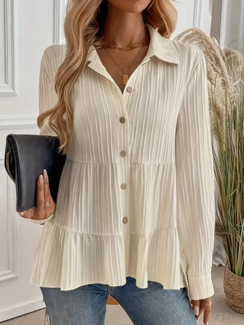Striped Button-Down Tiered Shirt, image 7