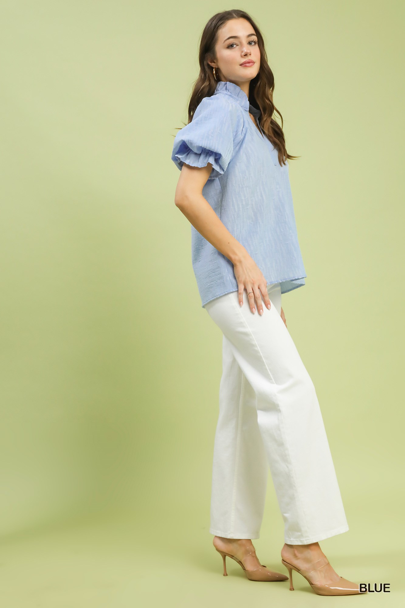 Textured Puff Sleeve Split Neck Top, image 4