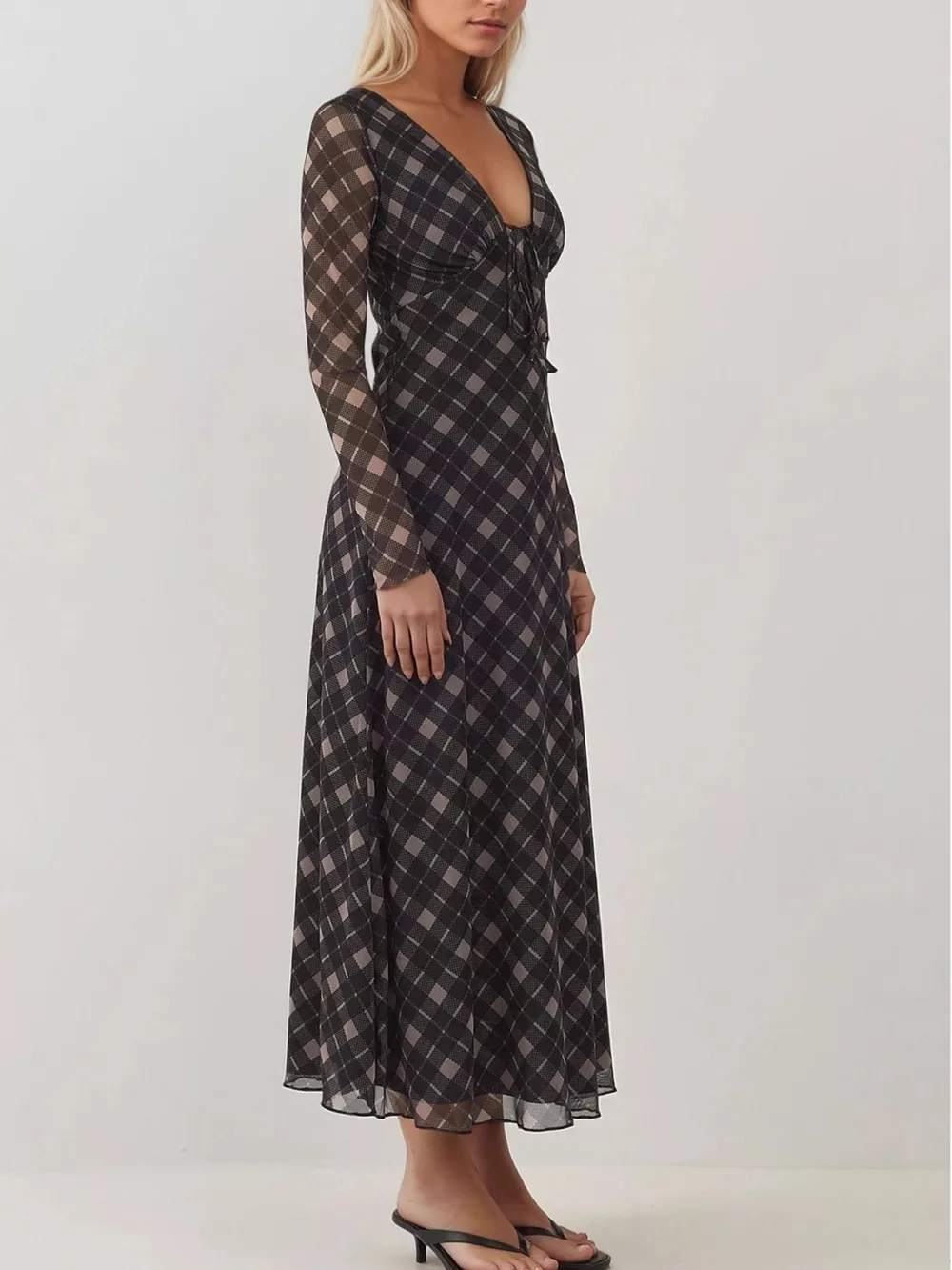 Tie Front Plaid Long Sleeve Dress