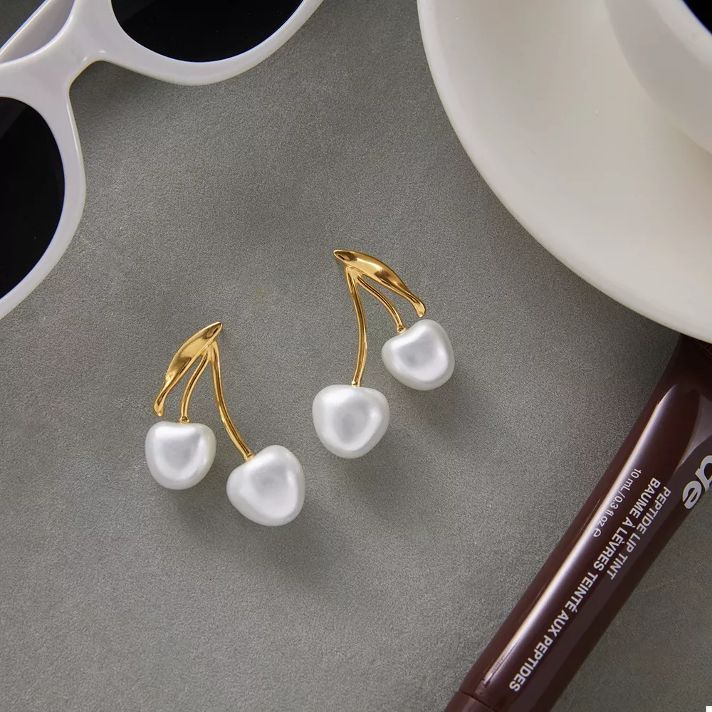 18K Gold-Plated Pearl Cherry Earrings, image 2