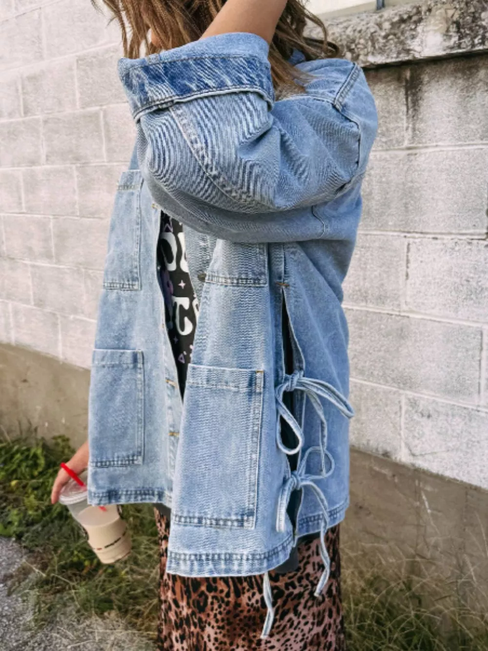 Patched Pockets Side Tie Denim Jacket, image 2