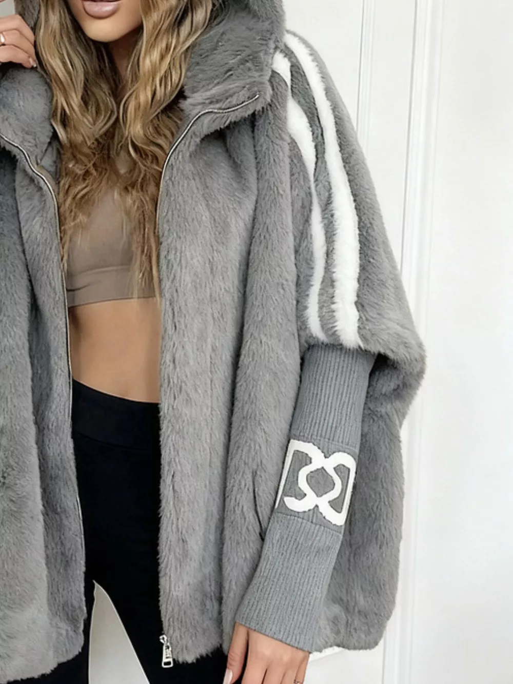 Hooded Faux Fur Striped Trim Outerwear, image 5