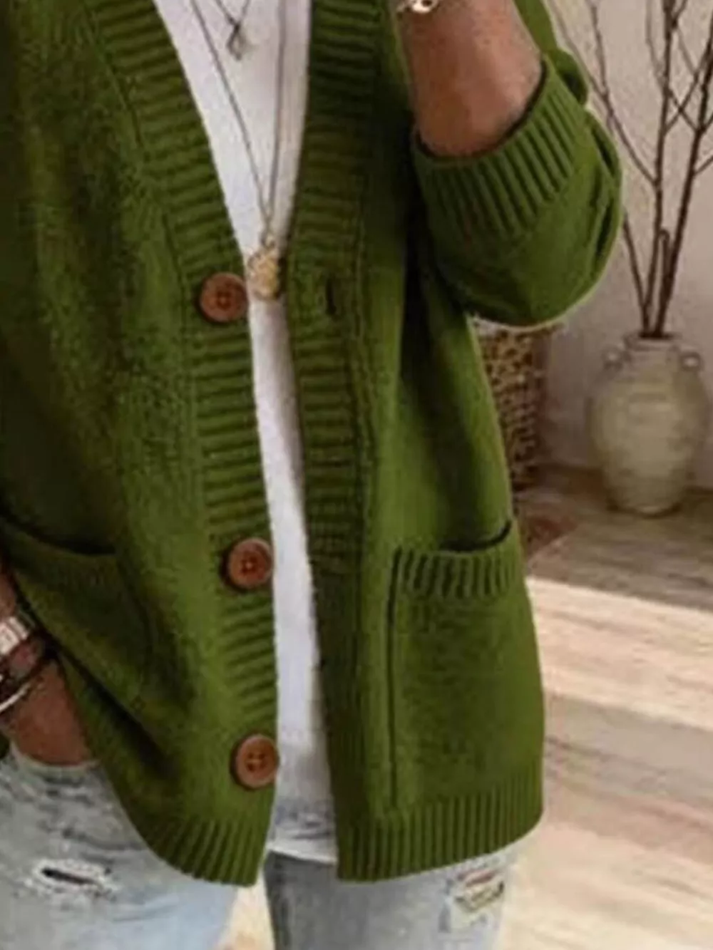Casual V-Neck Button-Down Knit Cardigan with Pockets, image 6