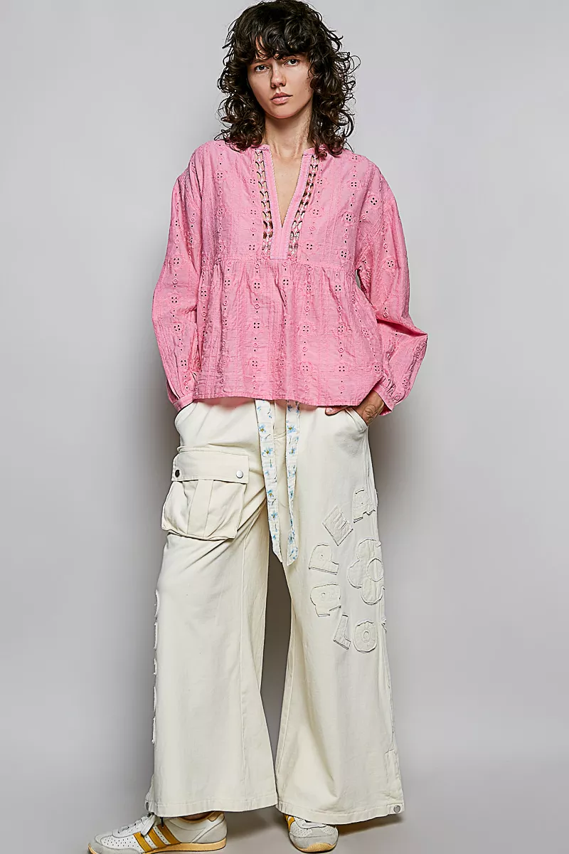 POL Eyelet Lace Split Neck Gathered Empire Waist Cotton Blouse, image 5