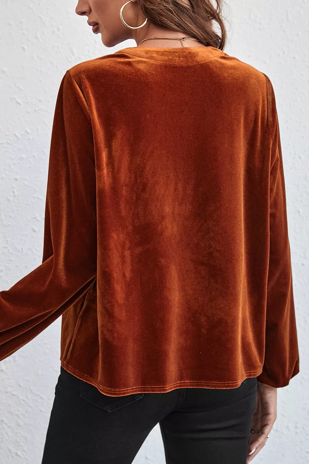 Velvet Button-Front Long Sleeve Blouse, image 4