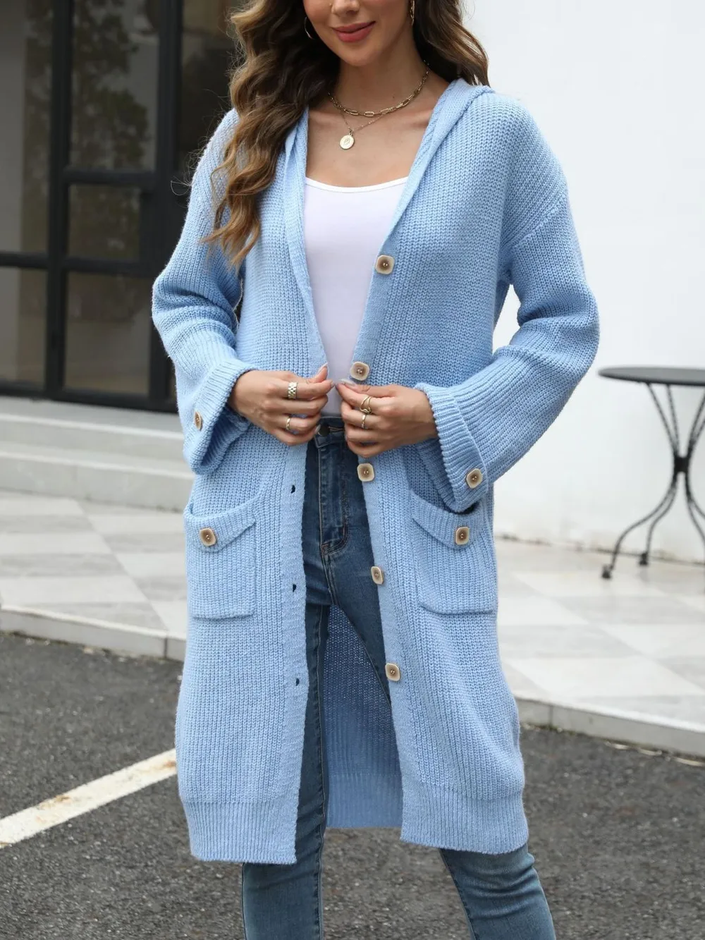 Pocketed Button Up Long Sleeve Hooded Cardigan, image 16