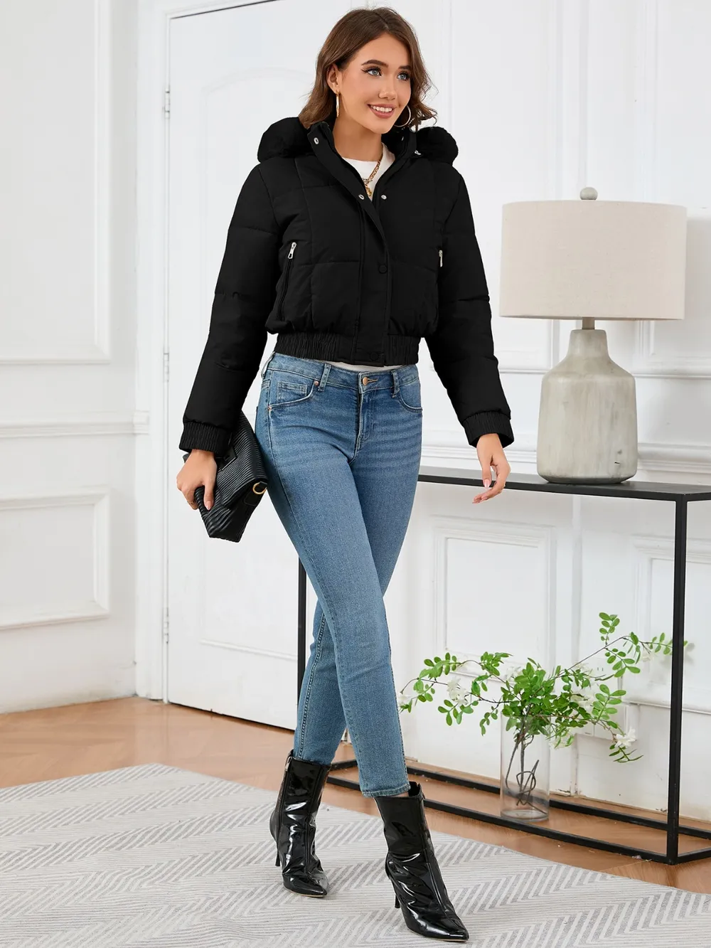 Pocketed Long Sleeve Cropped Hooded Winter Coat, image 18