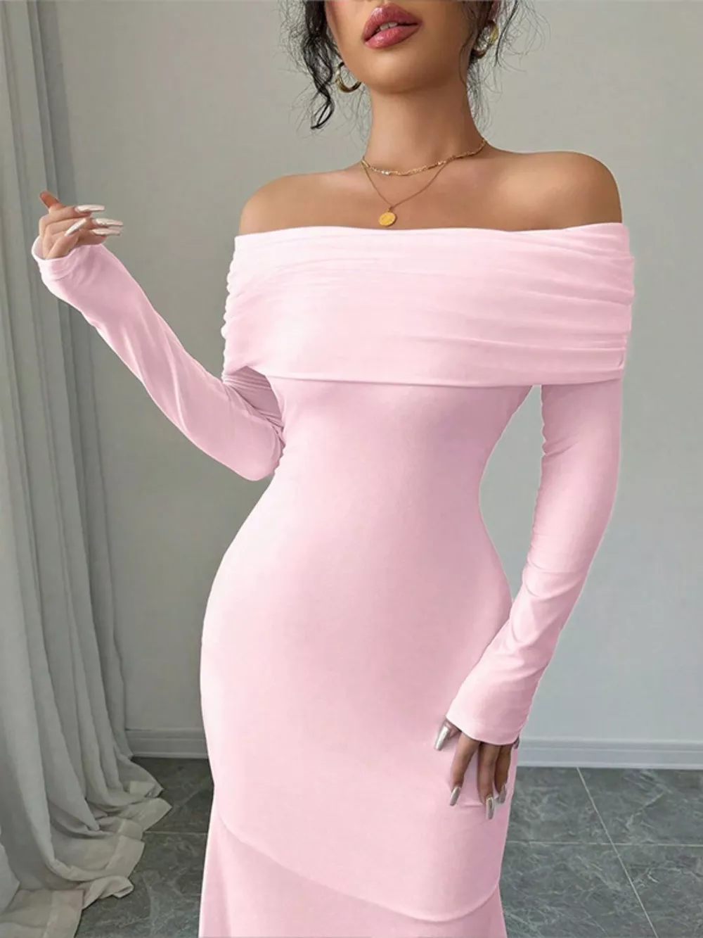 Off-Shoulder Long Sleeve Bodycon Maxi Dress, image 8