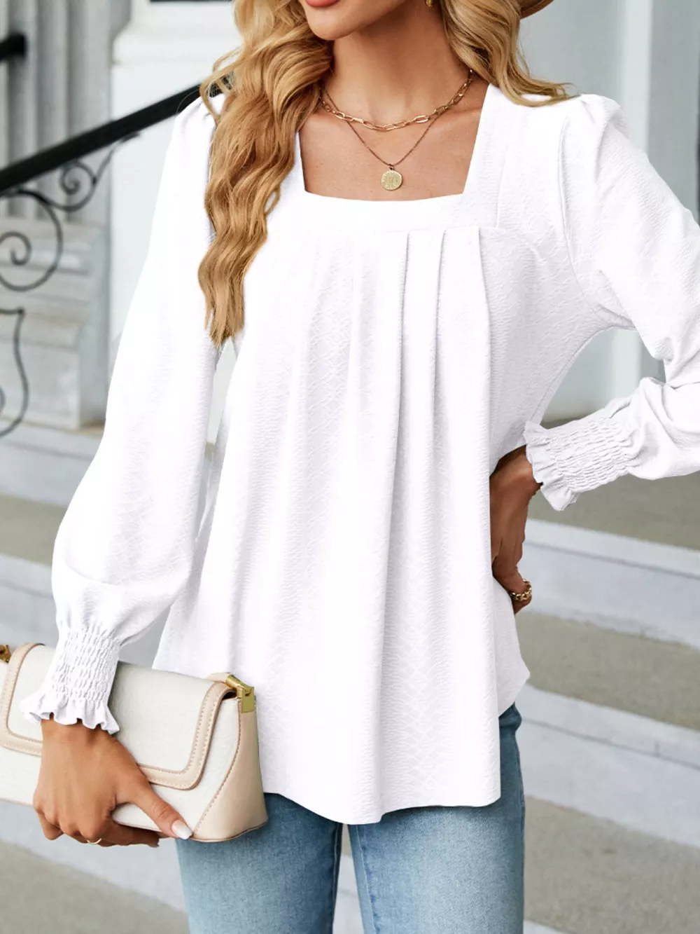 Pleated Square Neck Long Sleeve Top, image 7