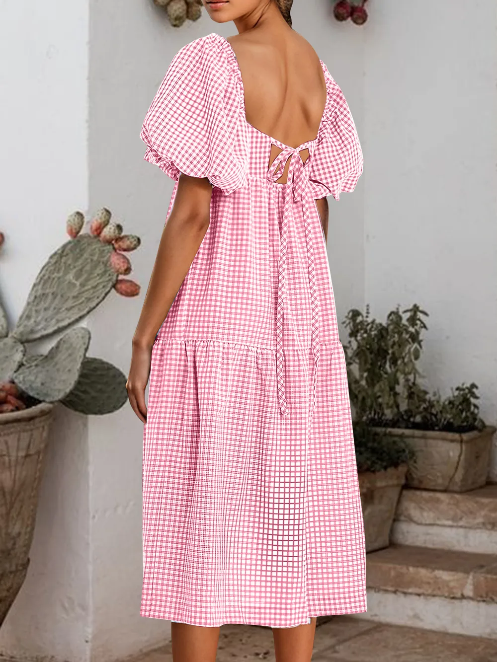 Plaid Square Neck Short Sleeve Dress, image 4