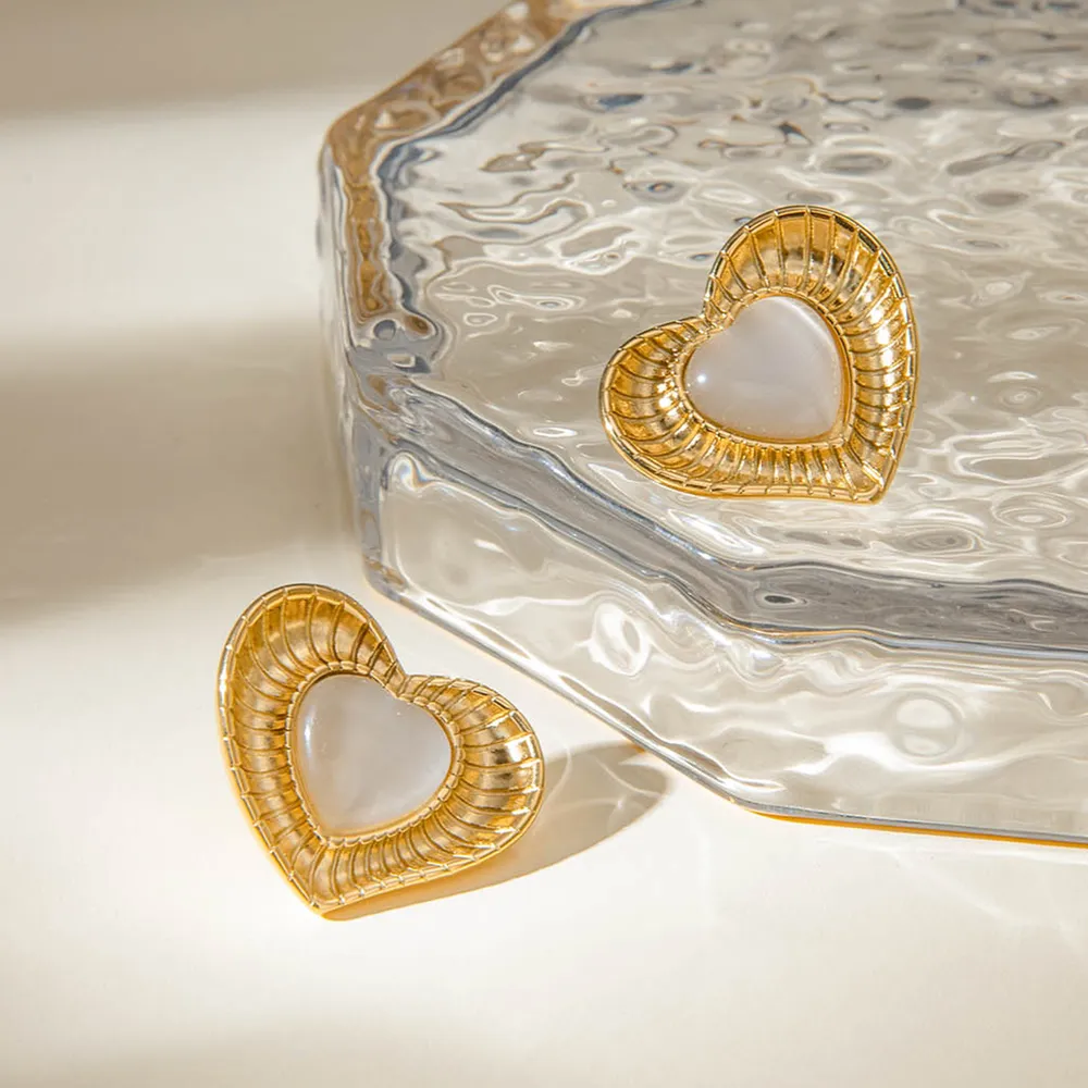 Stainless Steel Cat's Eye Stone Heart Earrings, image 4