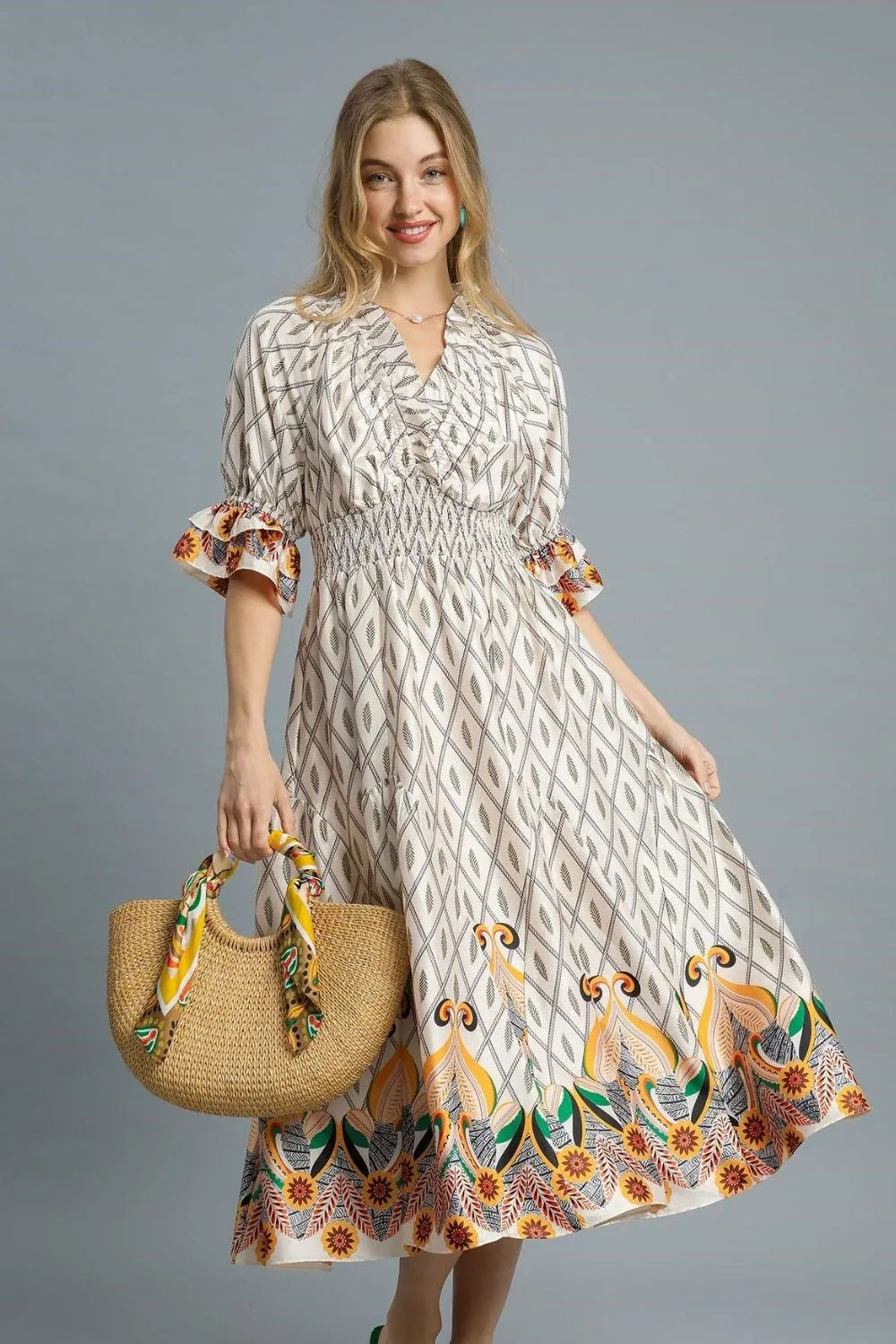 Printed Smocked Waist Flounce Sleeve Midi Dress