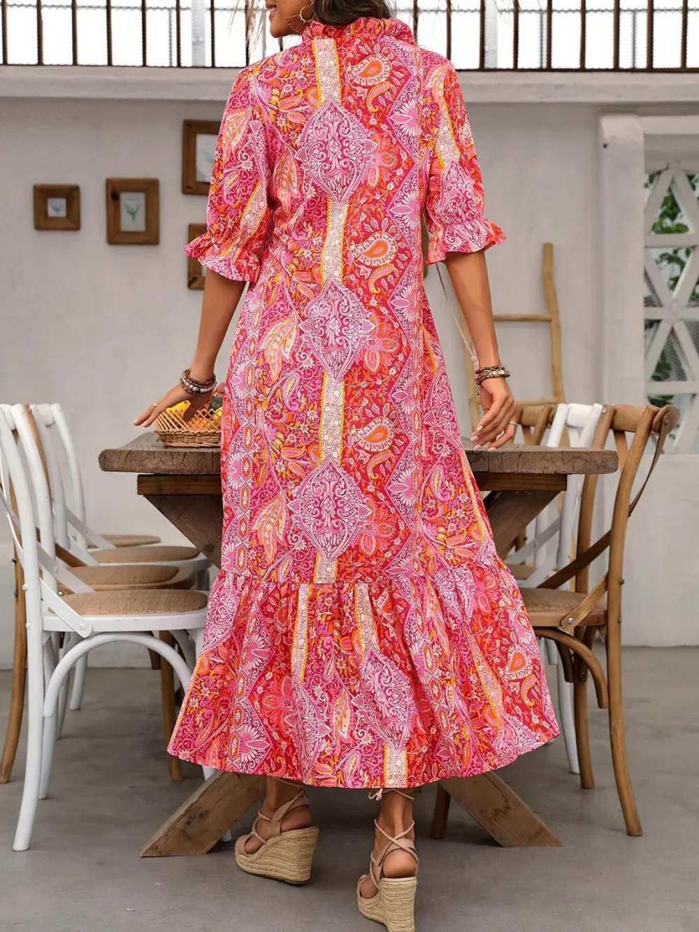 Printed Tie Neck Flounce Sleeve Midi Dress, image 4