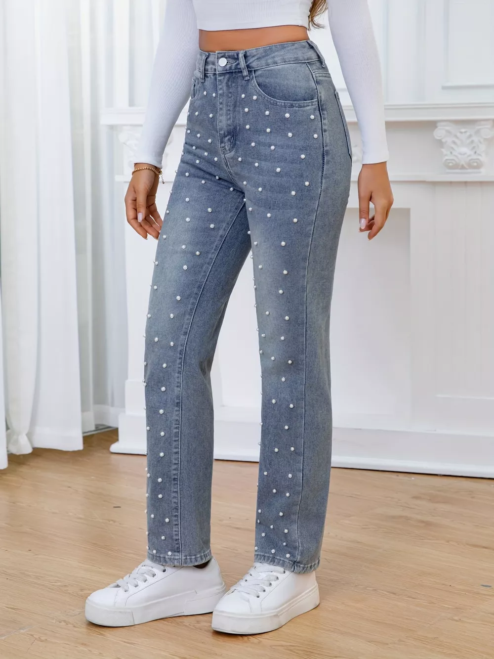 Pearl Embellished High Waist Straight Jeans, image 2