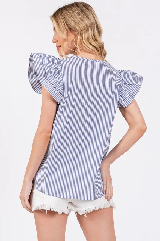 Ces Femme Striped V-Neck Ruffled Cap Sleeve Blouse, image 6