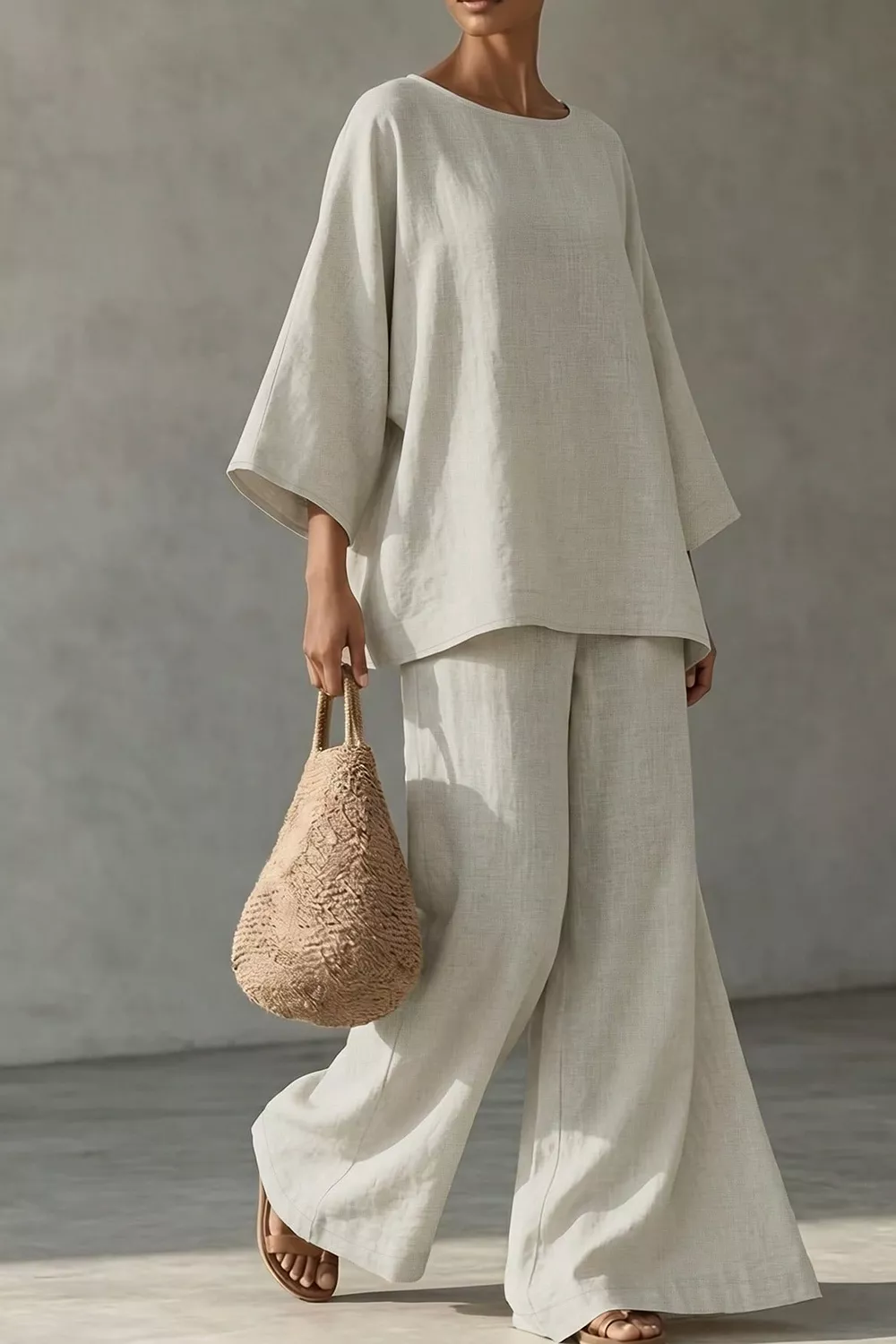 Linen Boat Neck Top and Wide-Leg Pants Set, image 4
