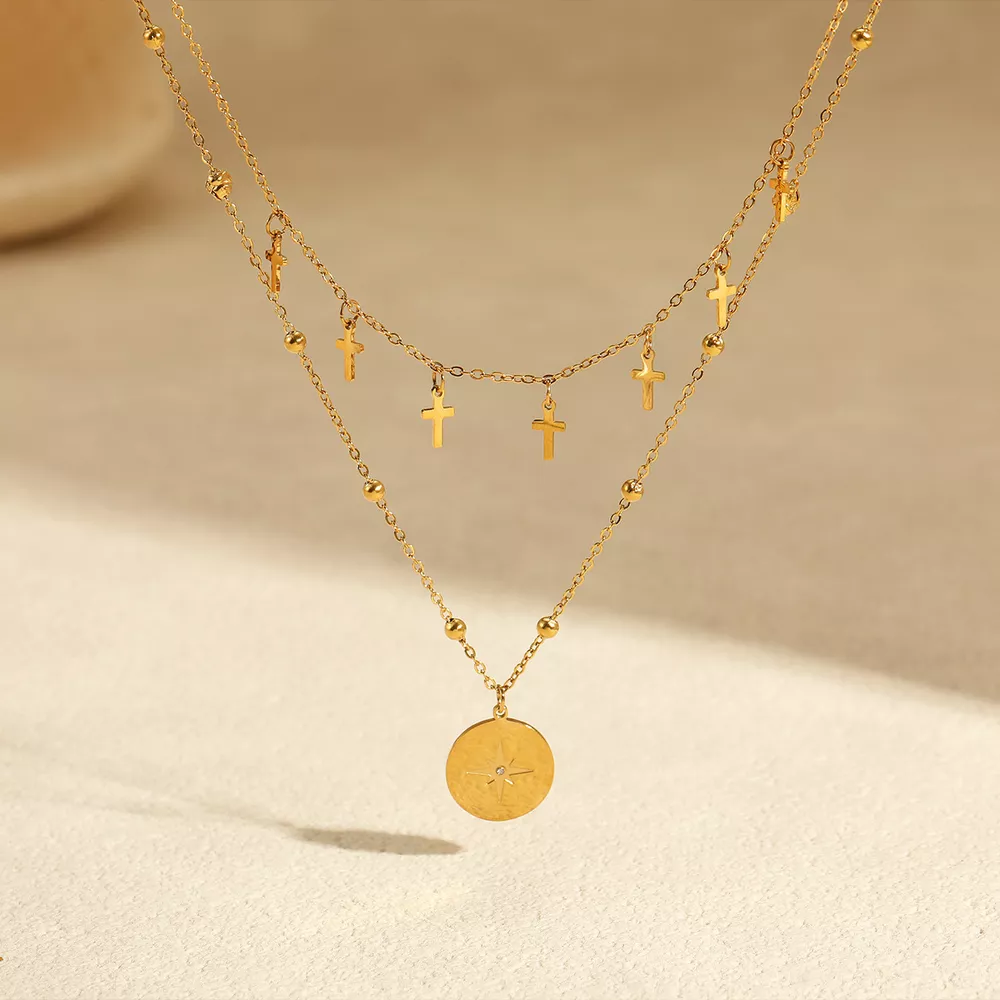 18K Gold-Plated Cross Double Layered Pendant Necklace, image 2