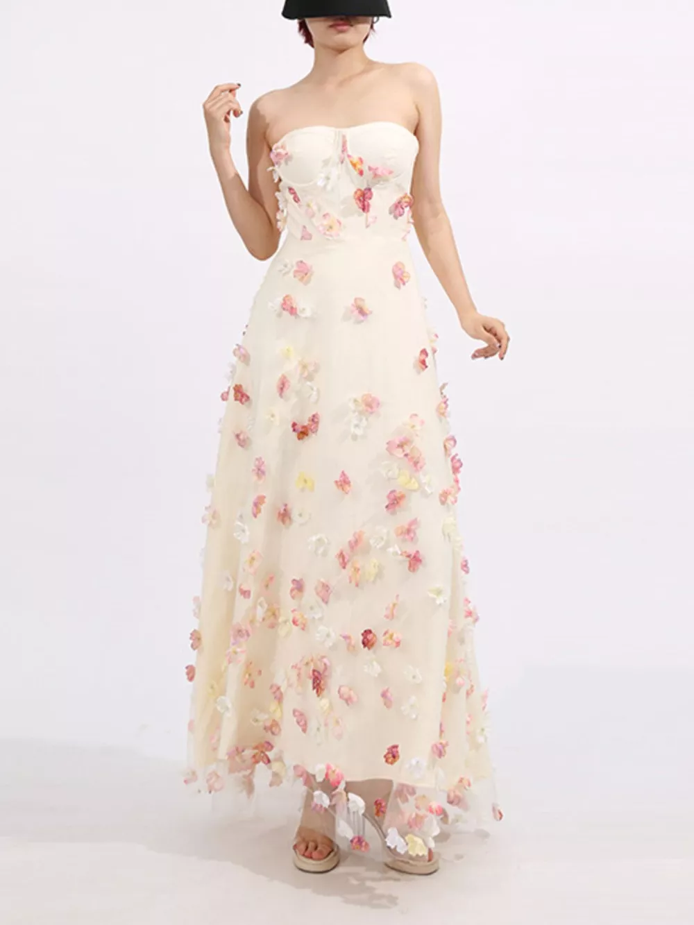 Floral Applique Strapless Tulle Maxi Dress, image 8