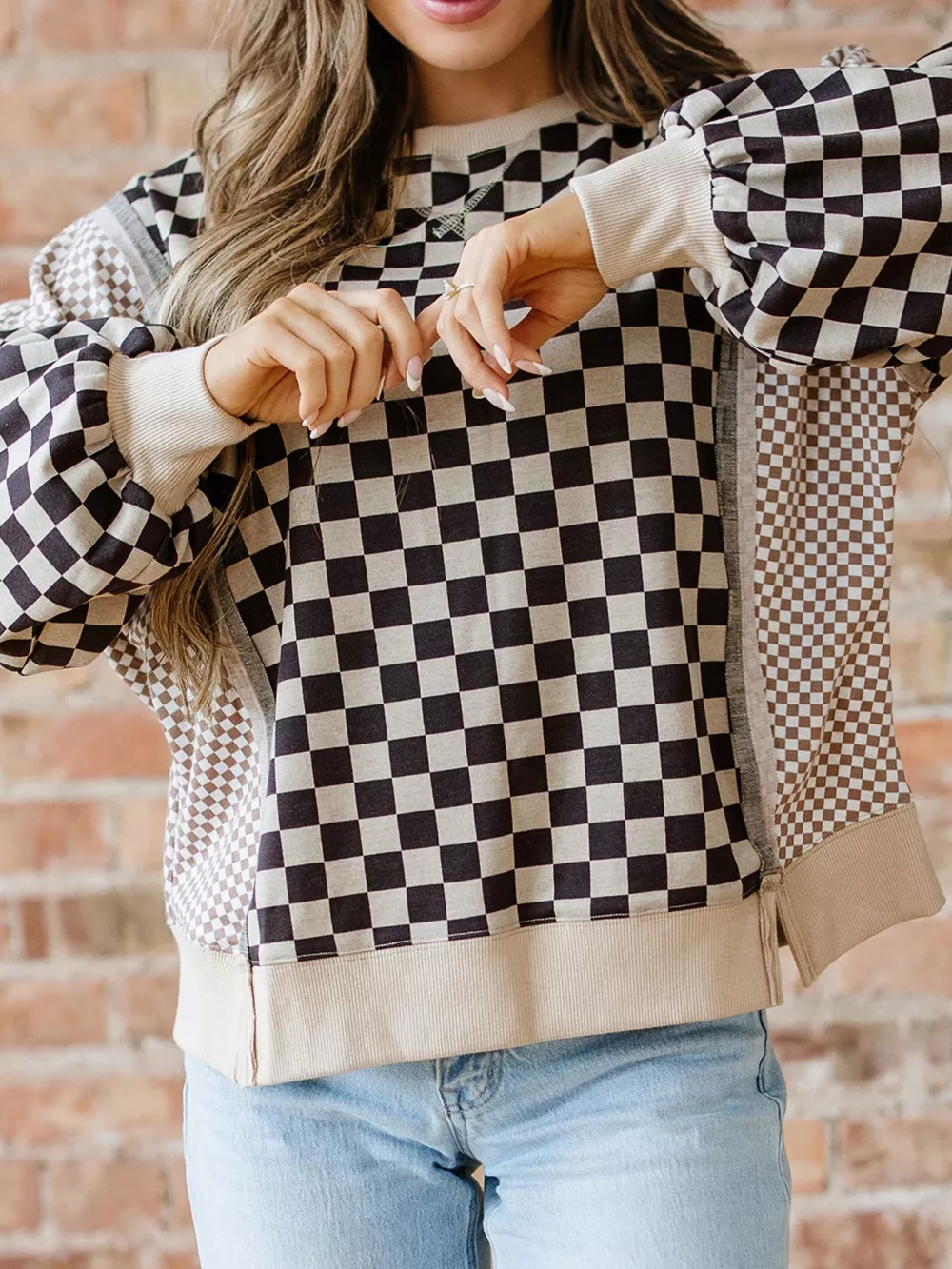 Mixed Checkered Pattern Patchwork High Low Casual Top, image 5