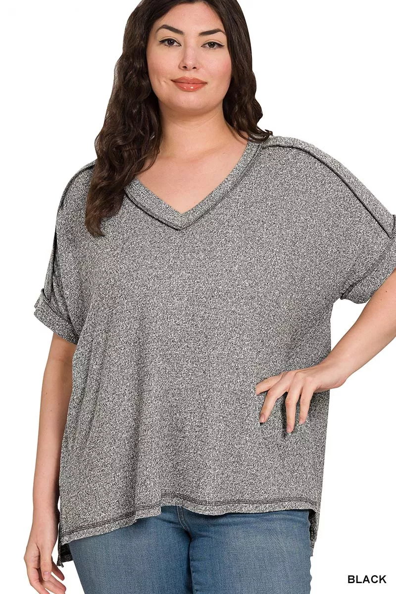 Full Size Soft Melange Hacci V-Neck Short Sleeve Hi-low Tee Plus Size, image 2