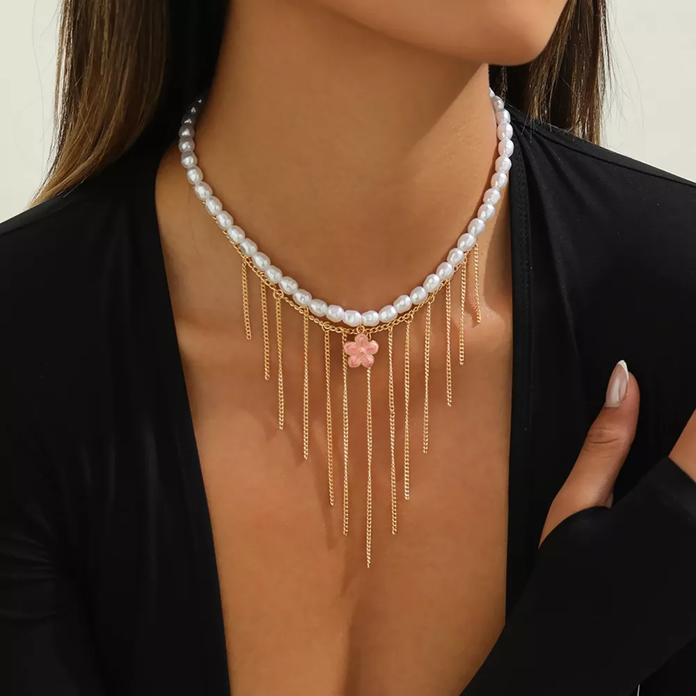 Elegant Pearl Choker Necklace with Flower Charm and Tassel Dangles, image 5