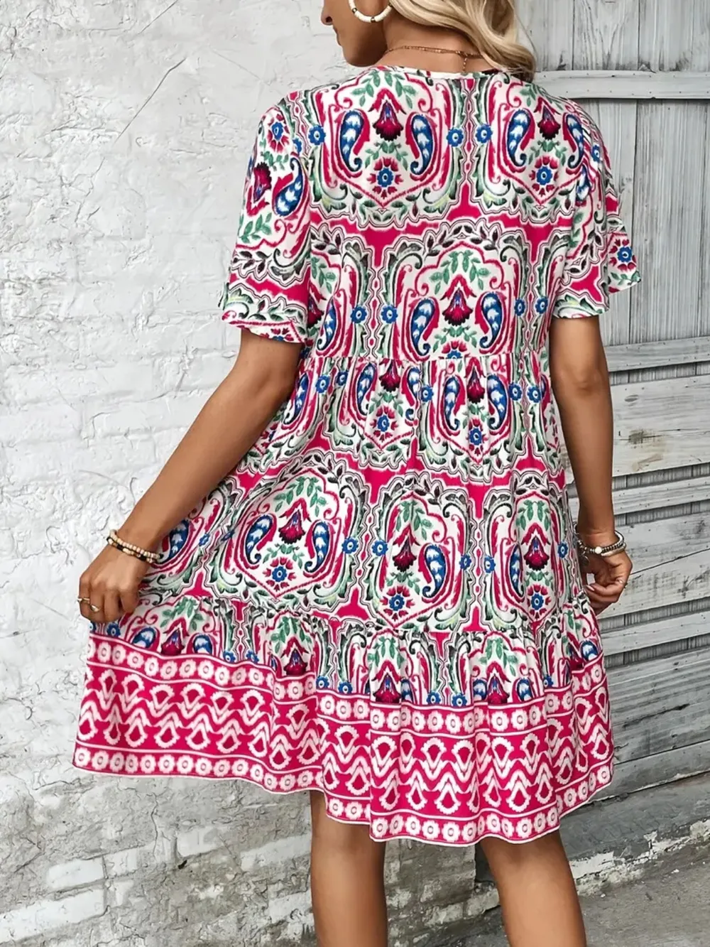 Printed Tie Neck Short Sleeve Dress, image 4
