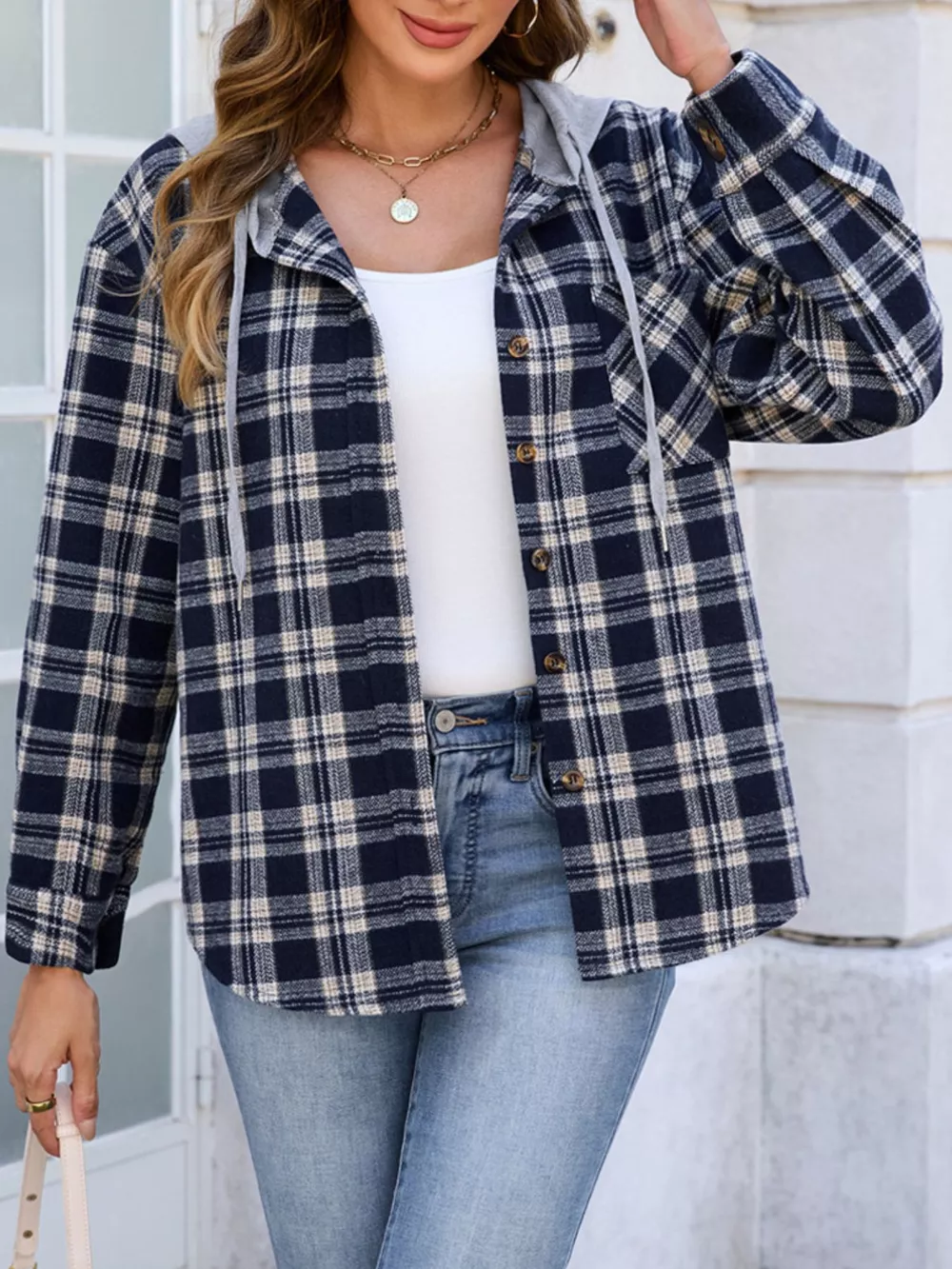Hooded Plaid Button-Up Shacket, image 5