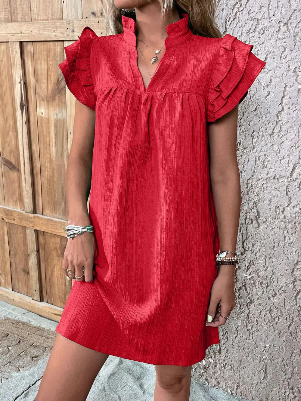 Ruffled Notched Cap Sleeve Mini Dress, image 8
