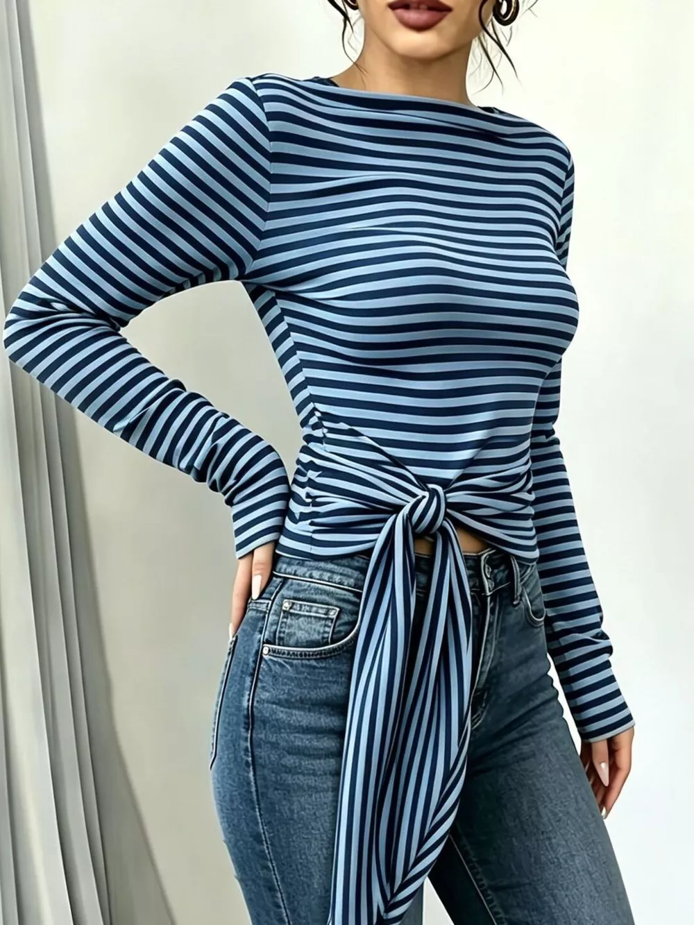 Long Sleeve Striped T-Shirt with Front Tie Detail, image 16