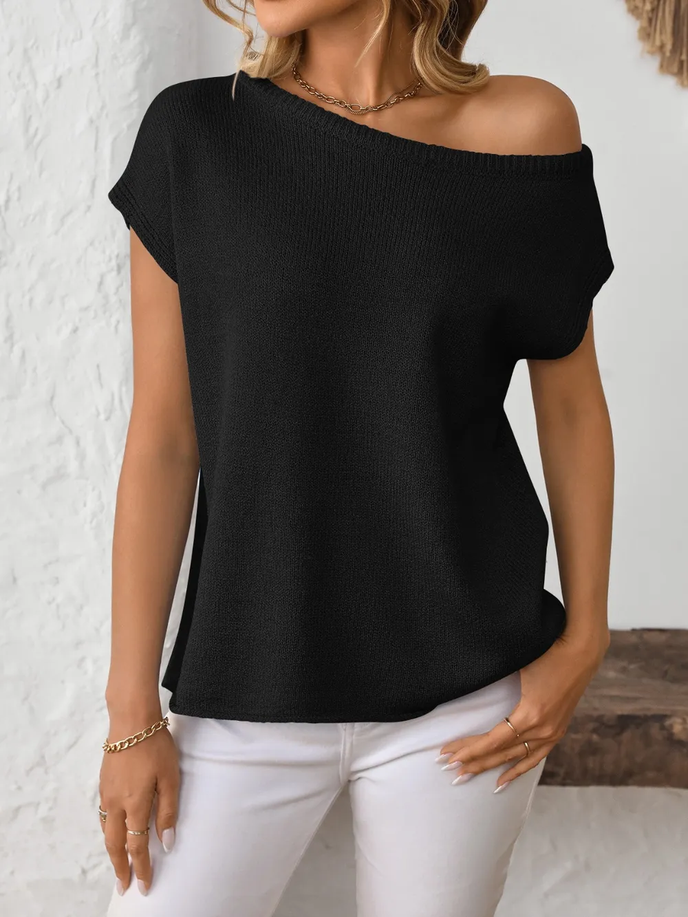 Boat Neck Short Sleeve Knit Top, image 4