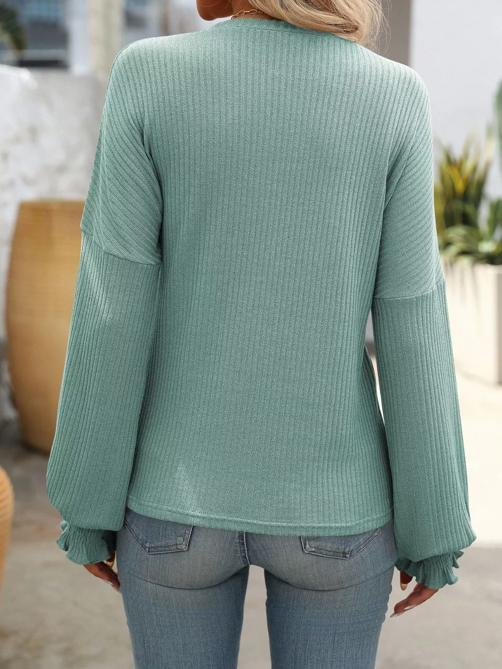 Ribbed Knit Ruffle Cuff T-Shirt, image 9