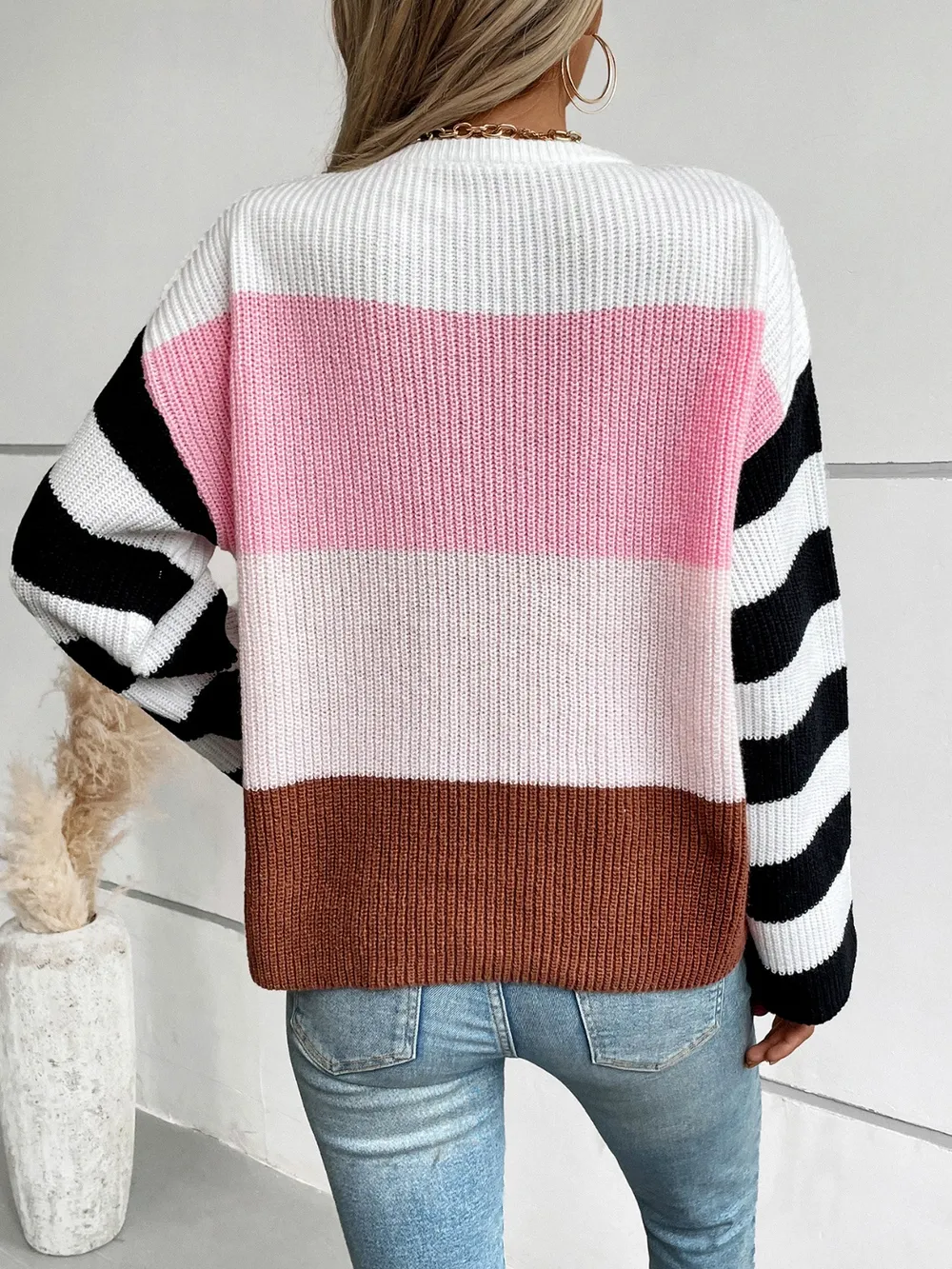 Color Block Round Neck Long Sleeve Sweater, image 2