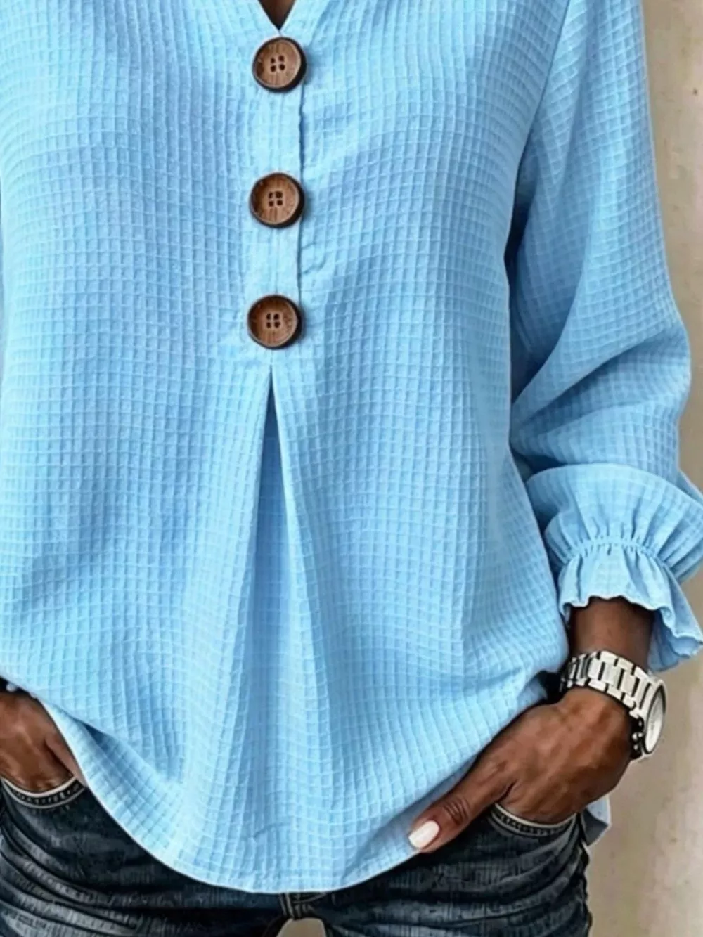 Full Size Waffle Knit Flounce Sleeve Blouse Plus Size, image 9