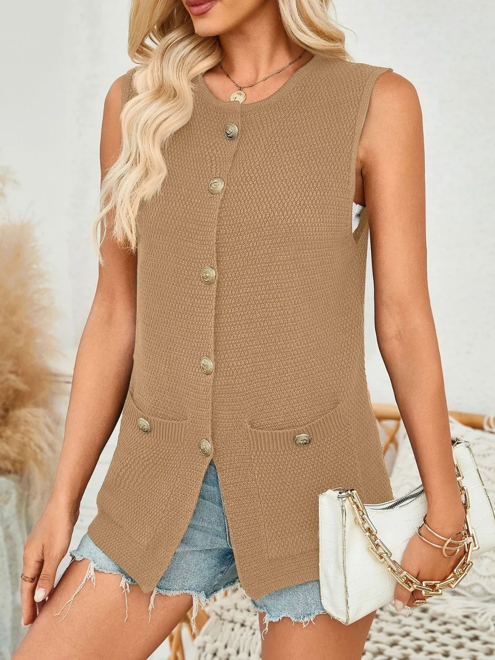 Button Down Round Neck Knit Vest, image 10