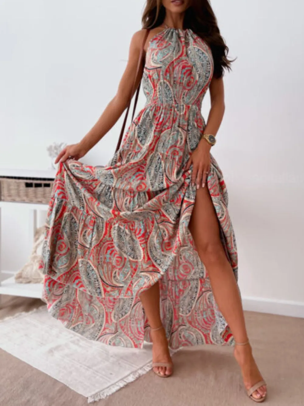Printed Halter Neck Maxi Dress, image 4