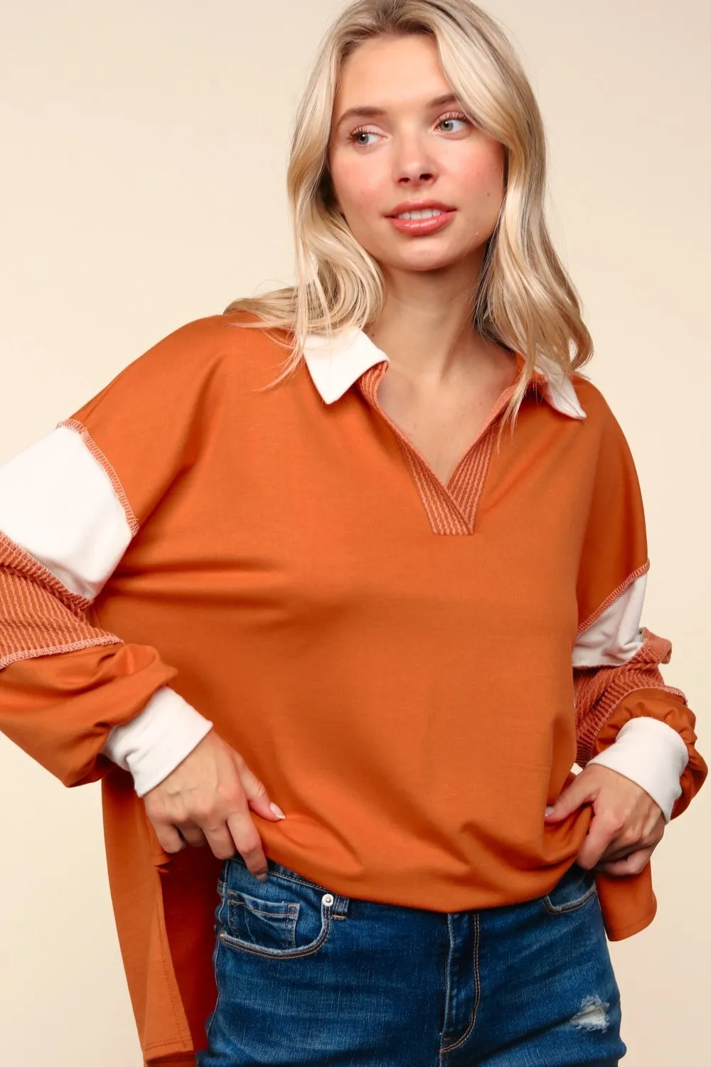 Color Block Exposed Seam Long Sleeve Top, image 3