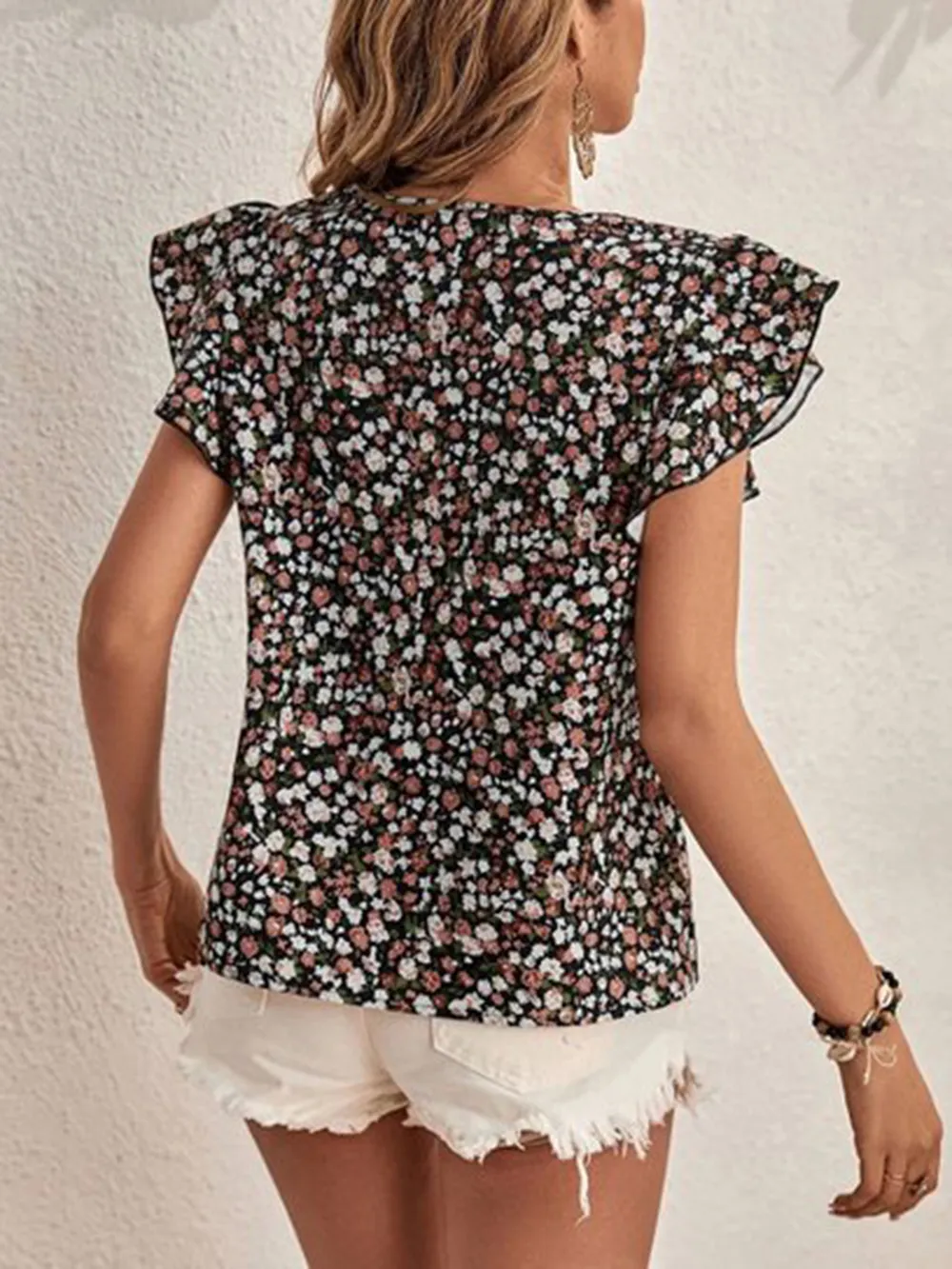 Ditsy Floral Round Neck Cap Sleeve Top, image 10