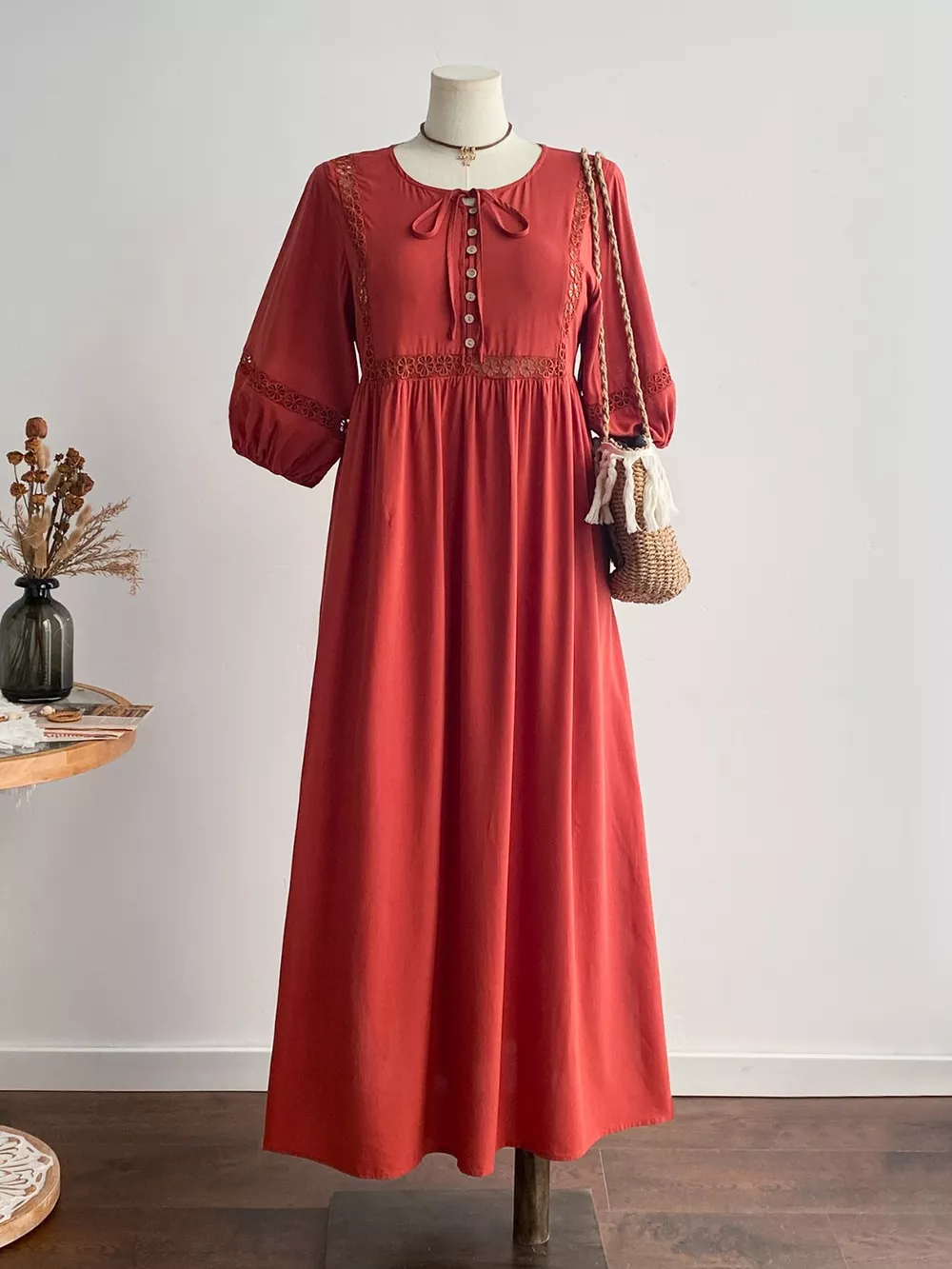 Plus Size Tie Neck Puff Sleeve Midi Dress with Lace Trim, image 2