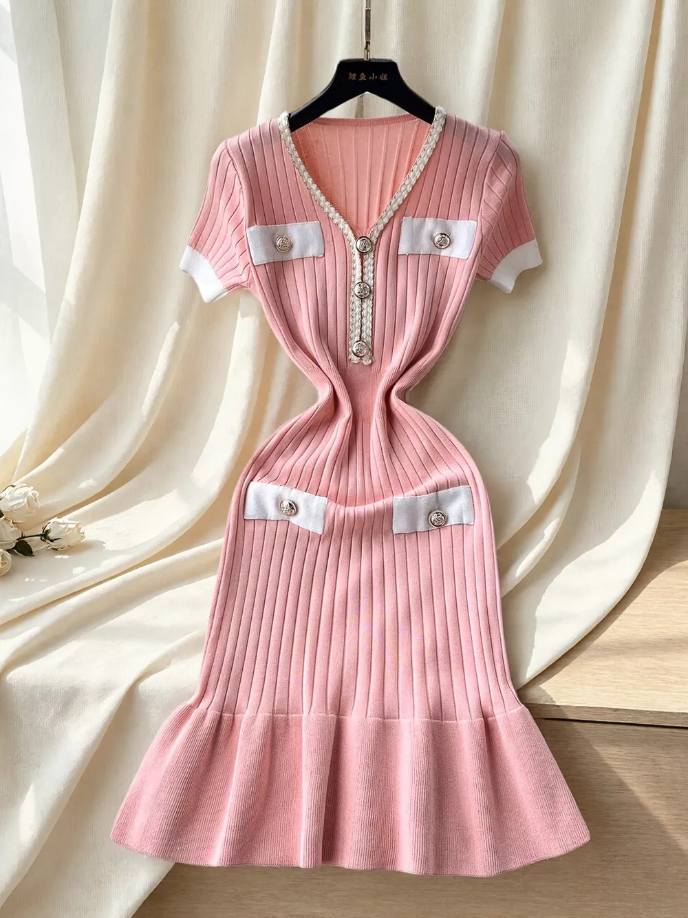 Ruffled Hem V-Neck Ribbed Knit Dress, image 2